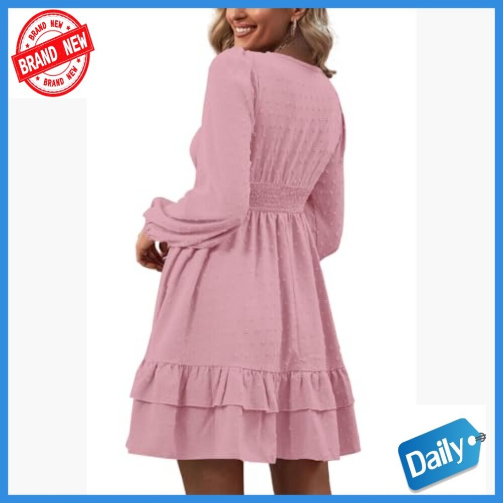 Wrap V-Neck Swing Ruffle Long Sleeve Mini Dress, Lightweight Polyester - Picture 2 of 7